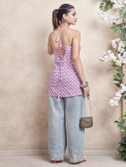 Light Pink Halter Neck Cotton Short Kurti with Booti Print