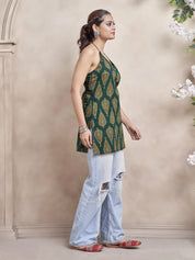 Teal Green Halter Neck Cotton Short Kurti with Block Print
