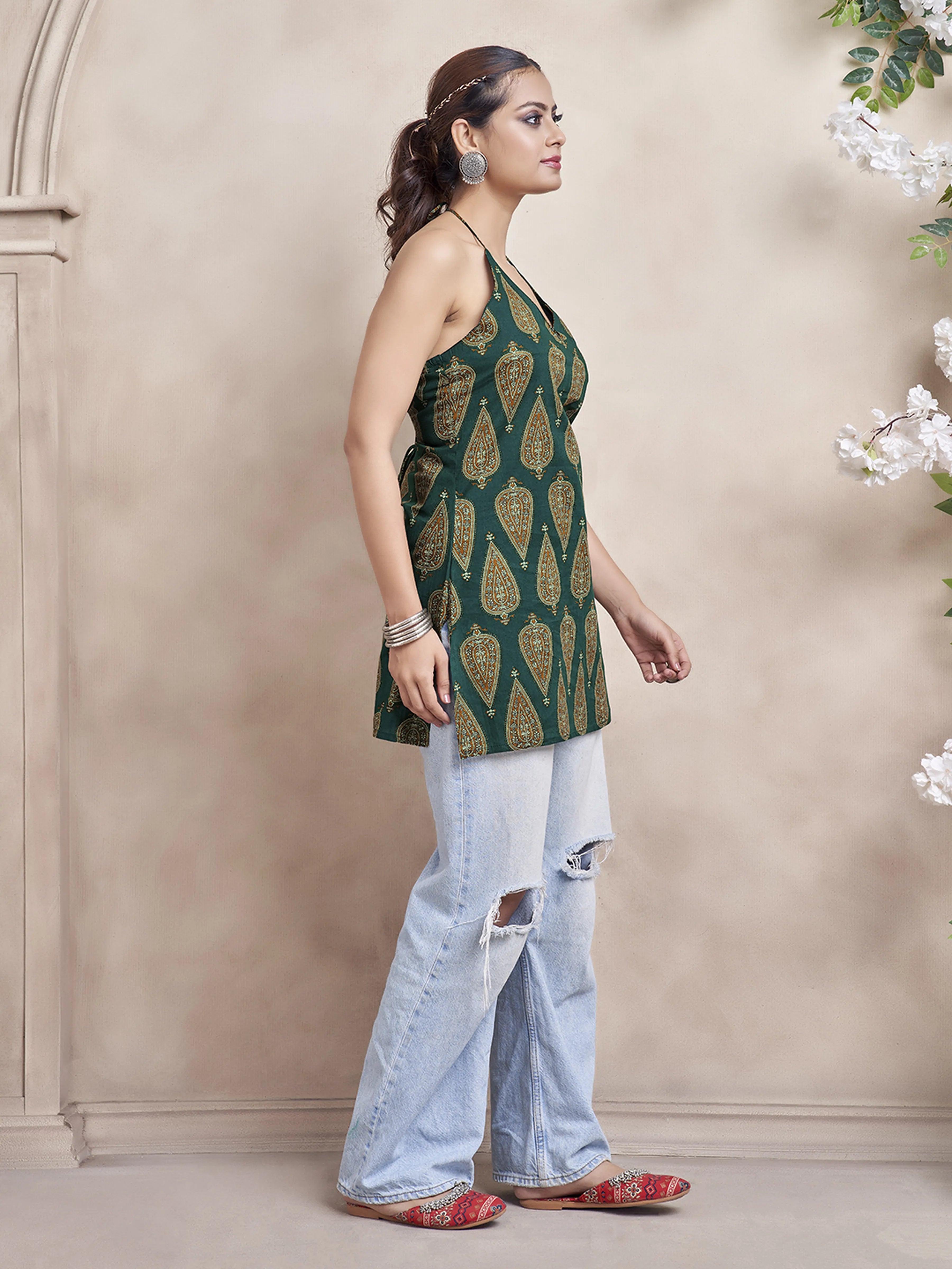 Teal Green Halter Neck Cotton Short Kurti with Block Print