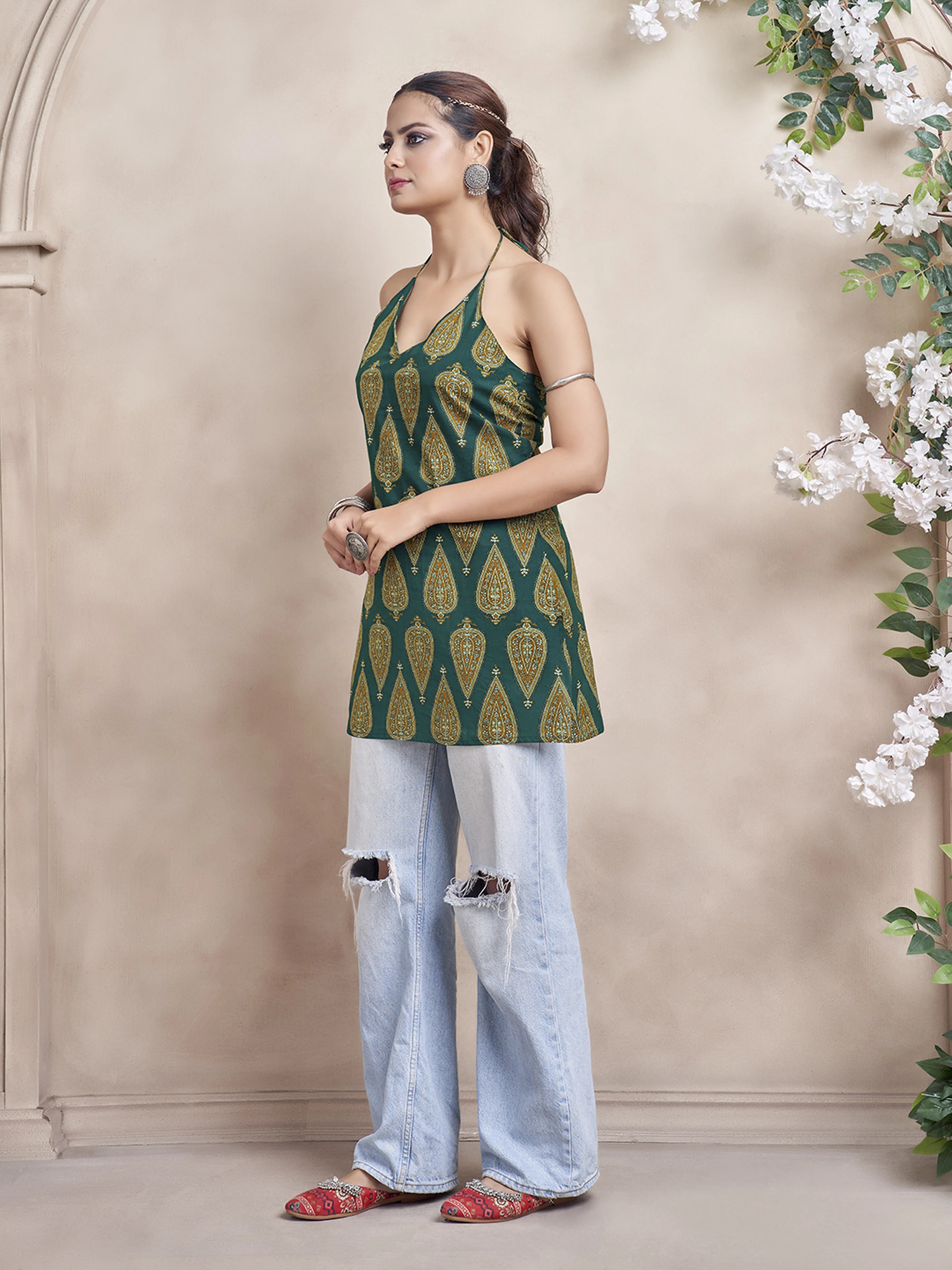 Teal Green Halter Neck Cotton Short Kurti with Block Print