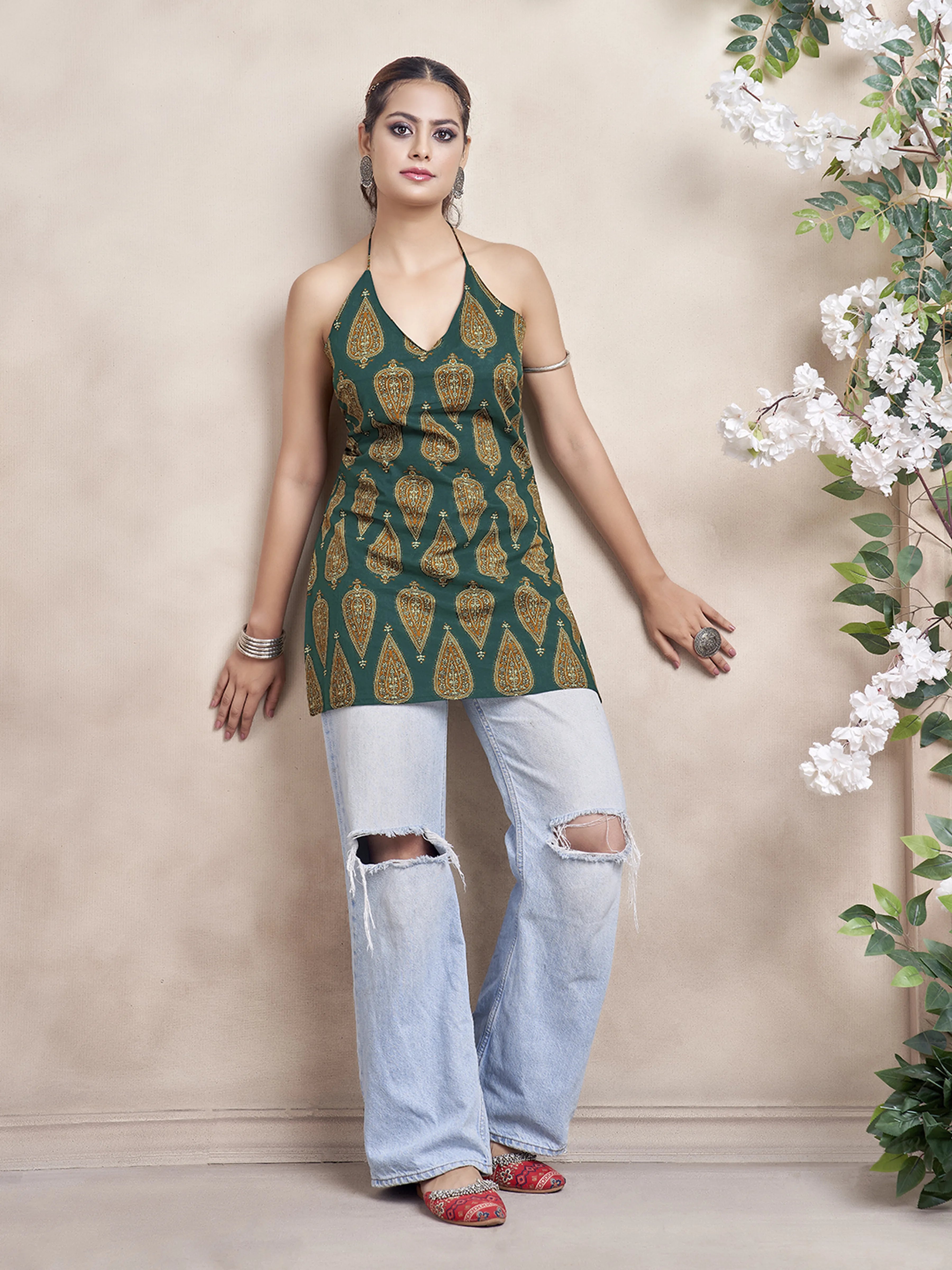 Teal Green Halter Neck Cotton Short Kurti with Block Print