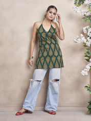 Teal Green Halter Neck Cotton Short Kurti with Block Print