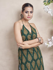 Teal Green Halter Neck Cotton Short Kurti with Block Print