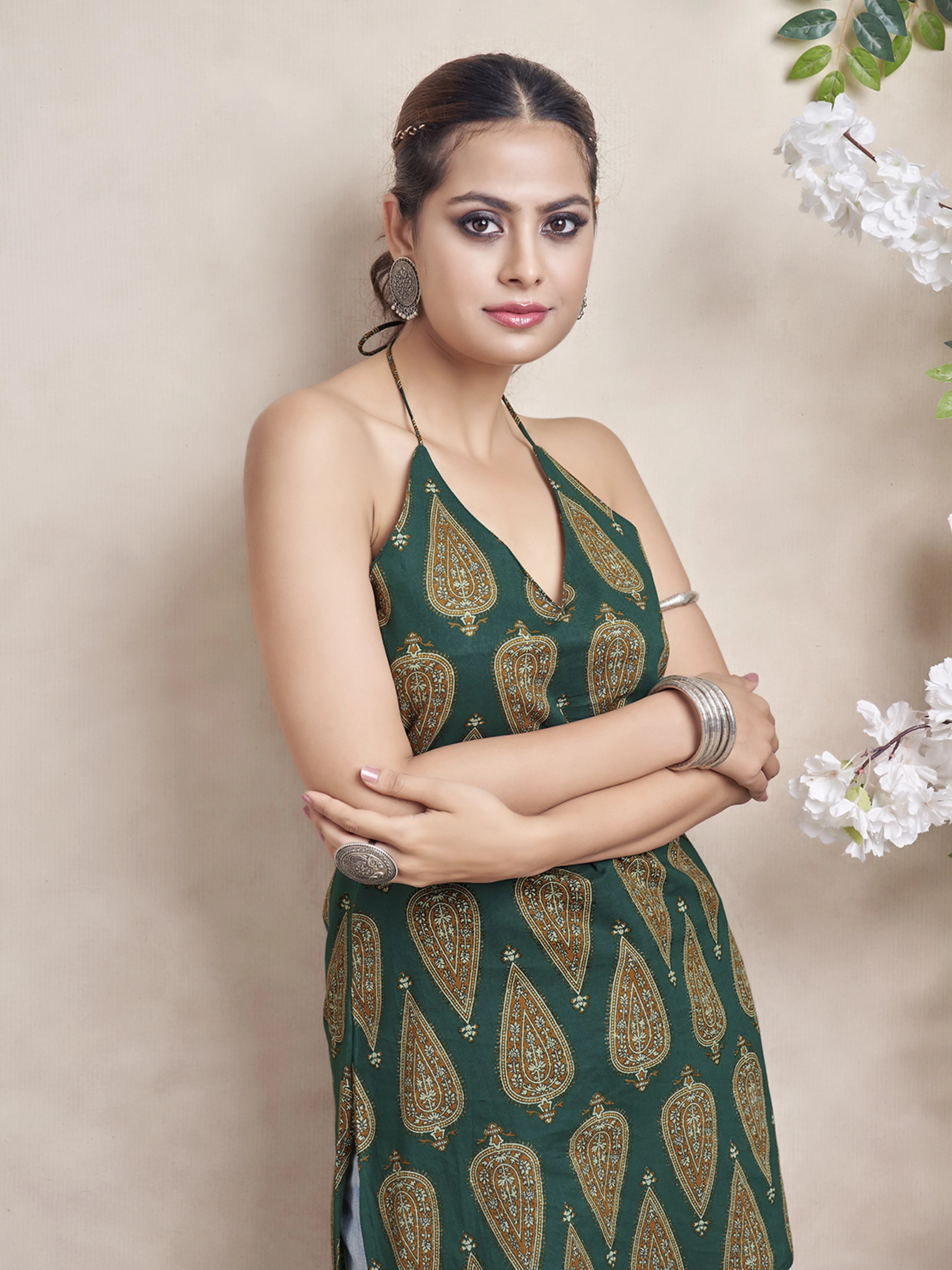 Teal Green Halter Neck Cotton Short Kurti with Block Print