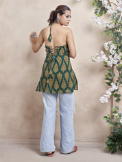 Teal Green Halter Neck Cotton Short Kurti with Block Print