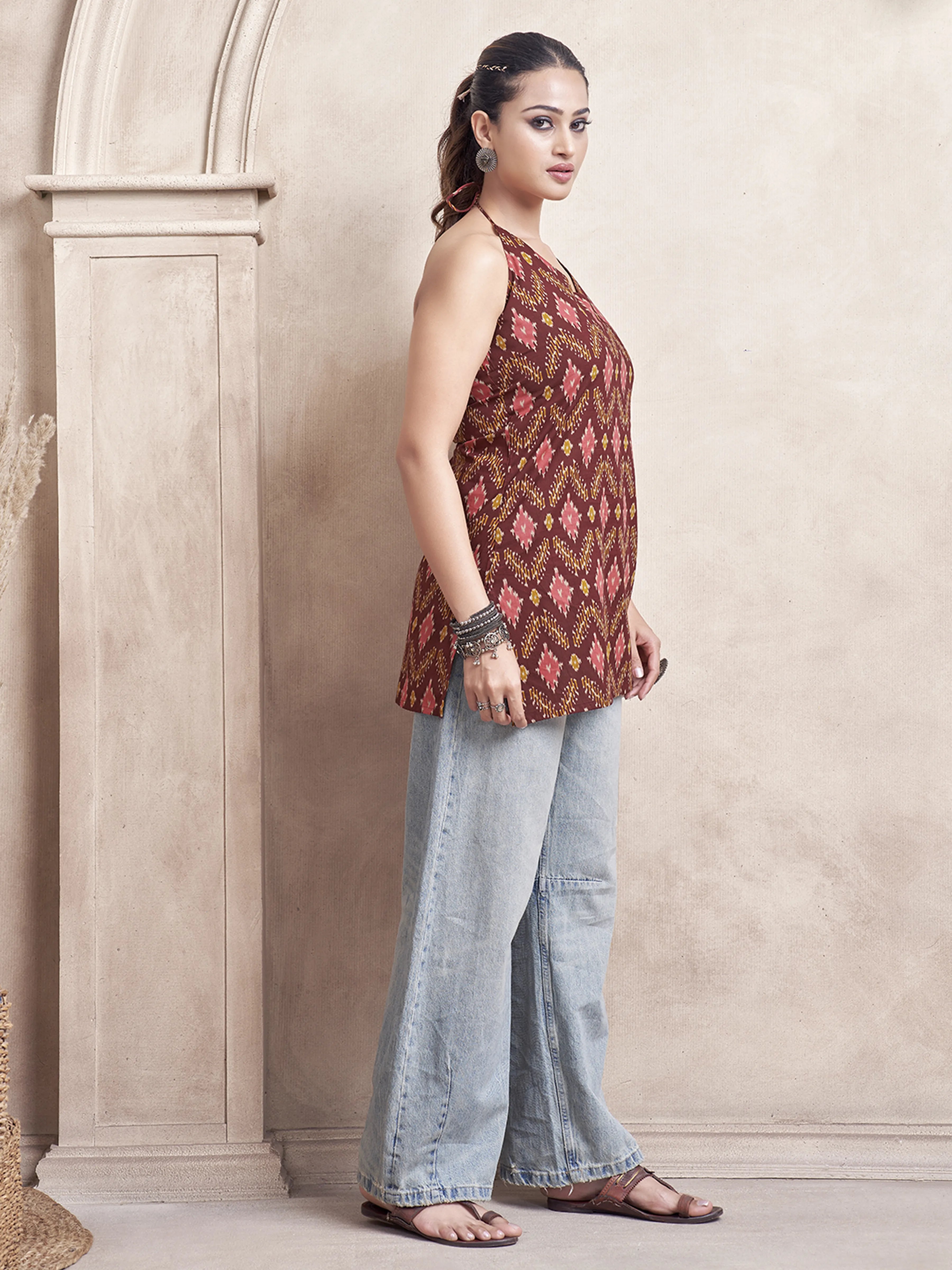 Maroon Halter Neck Cotton Short Kurti with Ikat Print