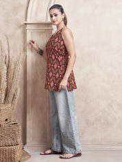 Maroon Halter Neck Cotton Short Kurti with Ikat Print