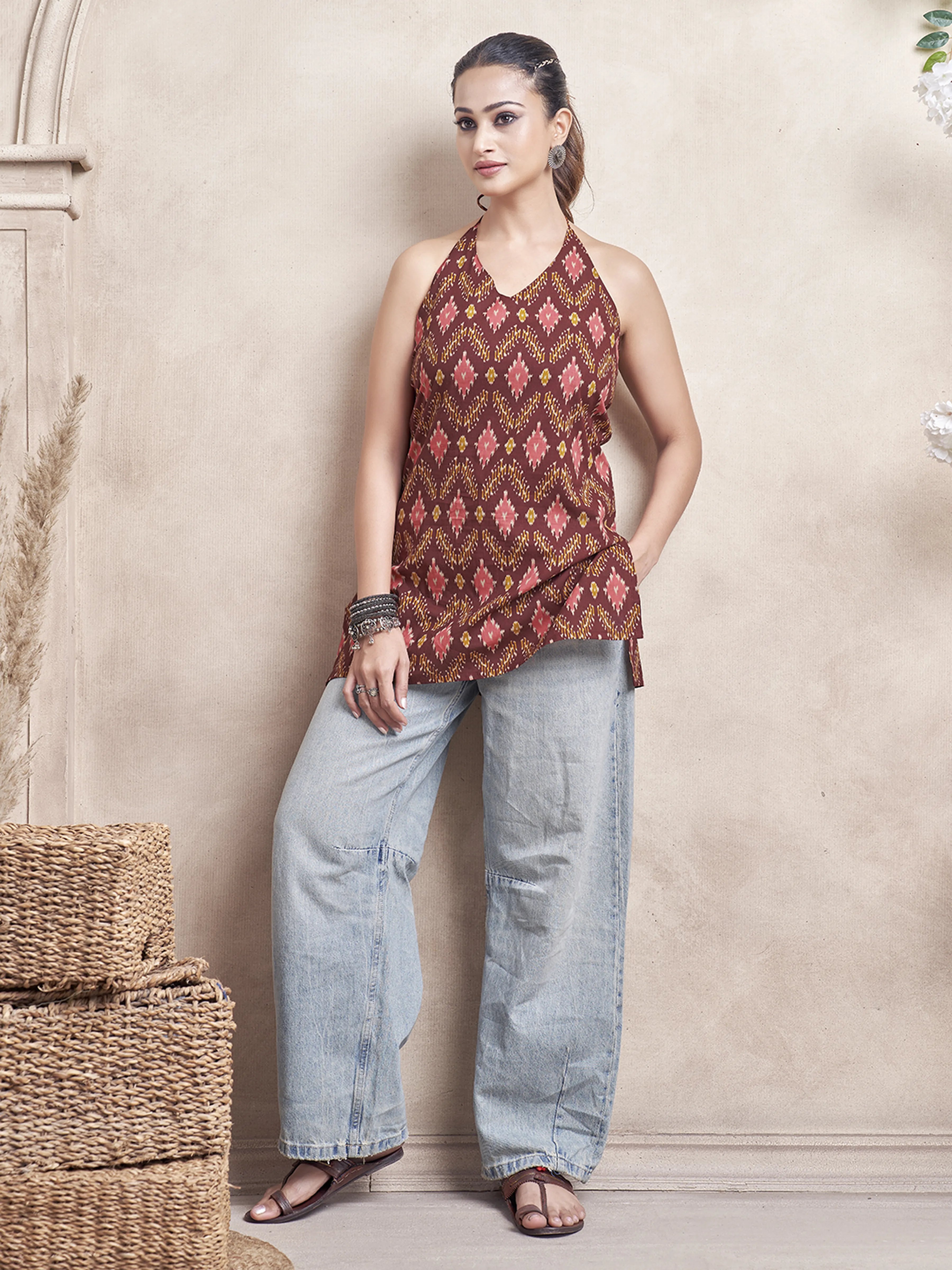 Maroon Halter Neck Cotton Short Kurti with Ikat Print