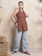 Maroon Halter Neck Cotton Short Kurti with Ikat Print