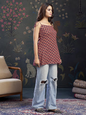 Muted Pink Tie-Knot Shoulder Cotton Short Kurti with Floral Block Print