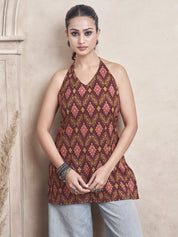 Maroon Halter Neck Cotton Short Kurti with Ikat Print