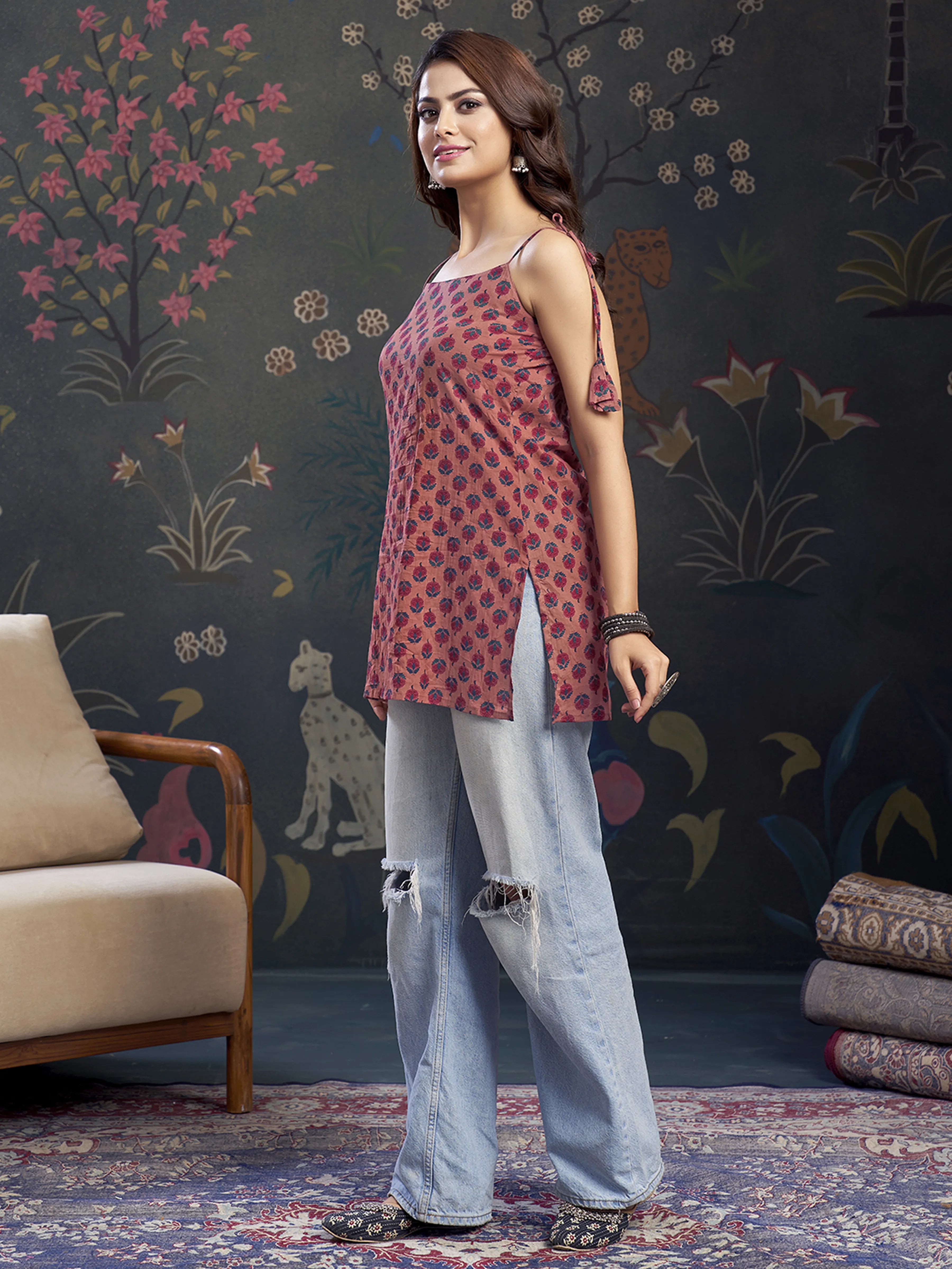 Muted Pink Tie-Knot Shoulder Cotton Short Kurti with Floral Block Print