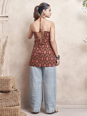 Maroon Halter Neck Cotton Short Kurti with Ikat Print