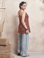 Maroon Halter Neck Cotton Short Kurti with Ikat Print