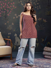 Muted Pink Tie-Knot Shoulder Cotton Short Kurti with Floral Block Print