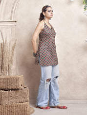 Olive Green Halter Neck Cotton Short Kurti with Floral Block Print