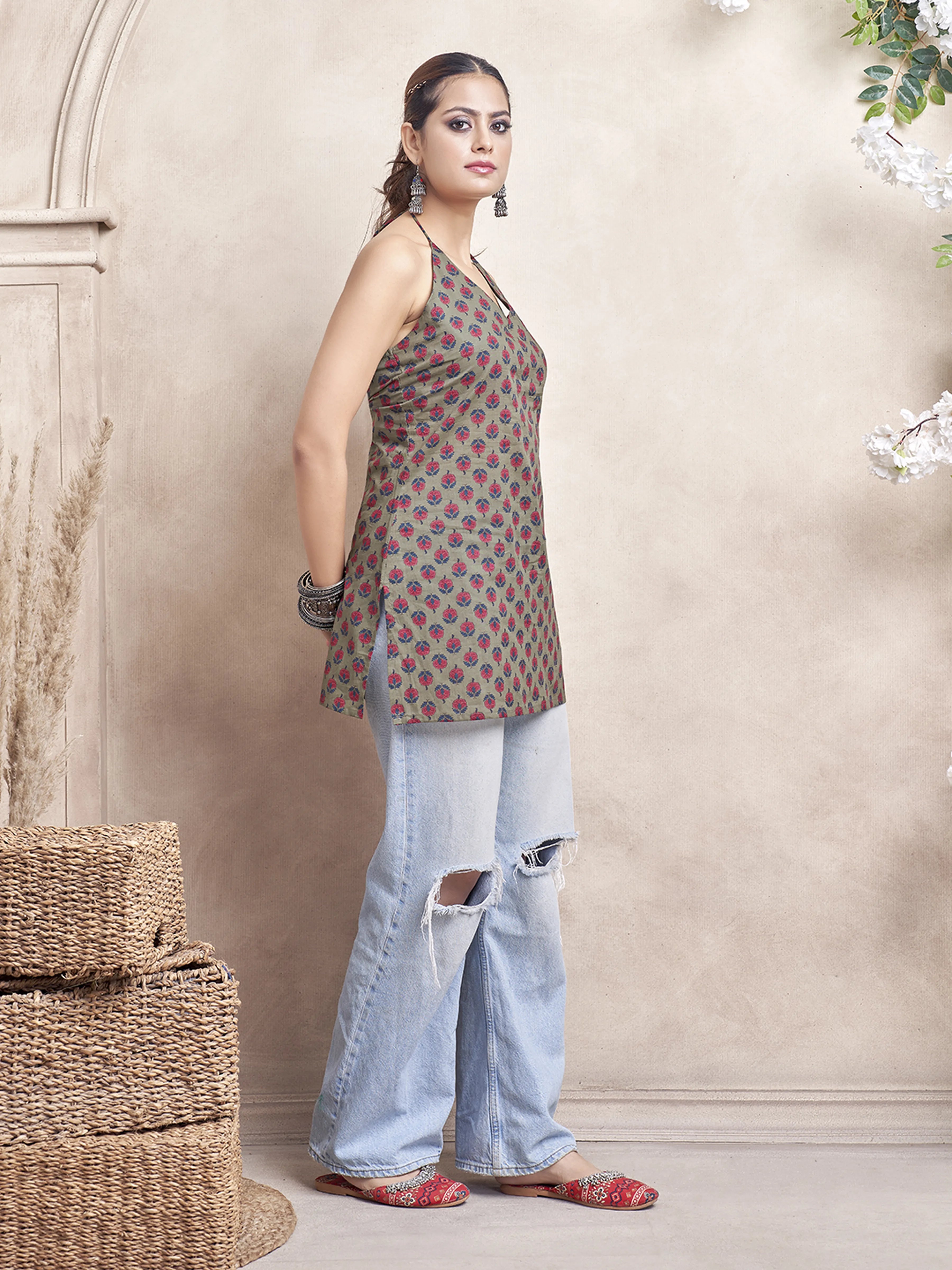 Olive Green Halter Neck Cotton Short Kurti with Floral Block Print