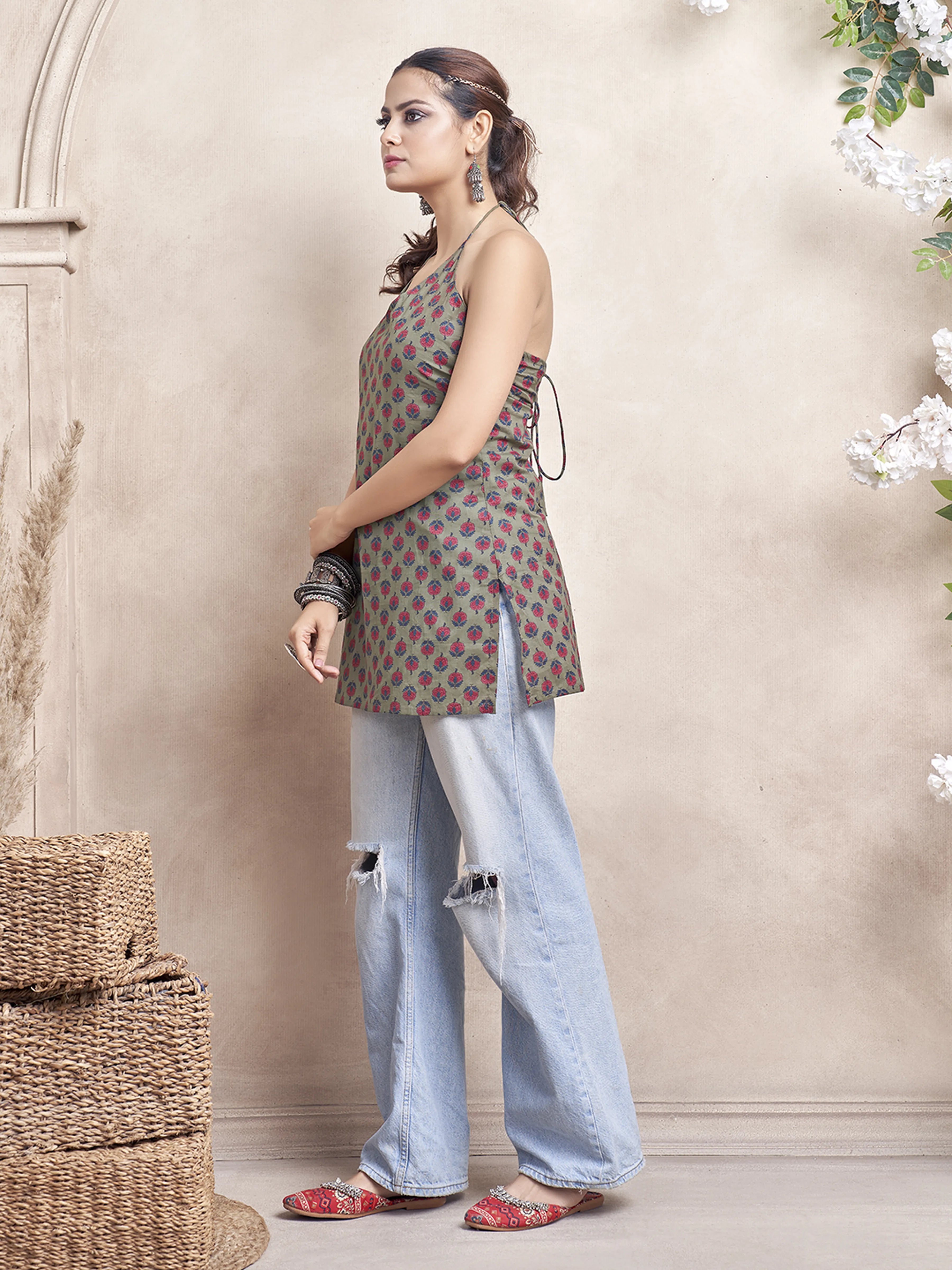 Olive Green Halter Neck Cotton Short Kurti with Floral Block Print