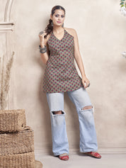 Olive Green Halter Neck Cotton Short Kurti with Floral Block Print