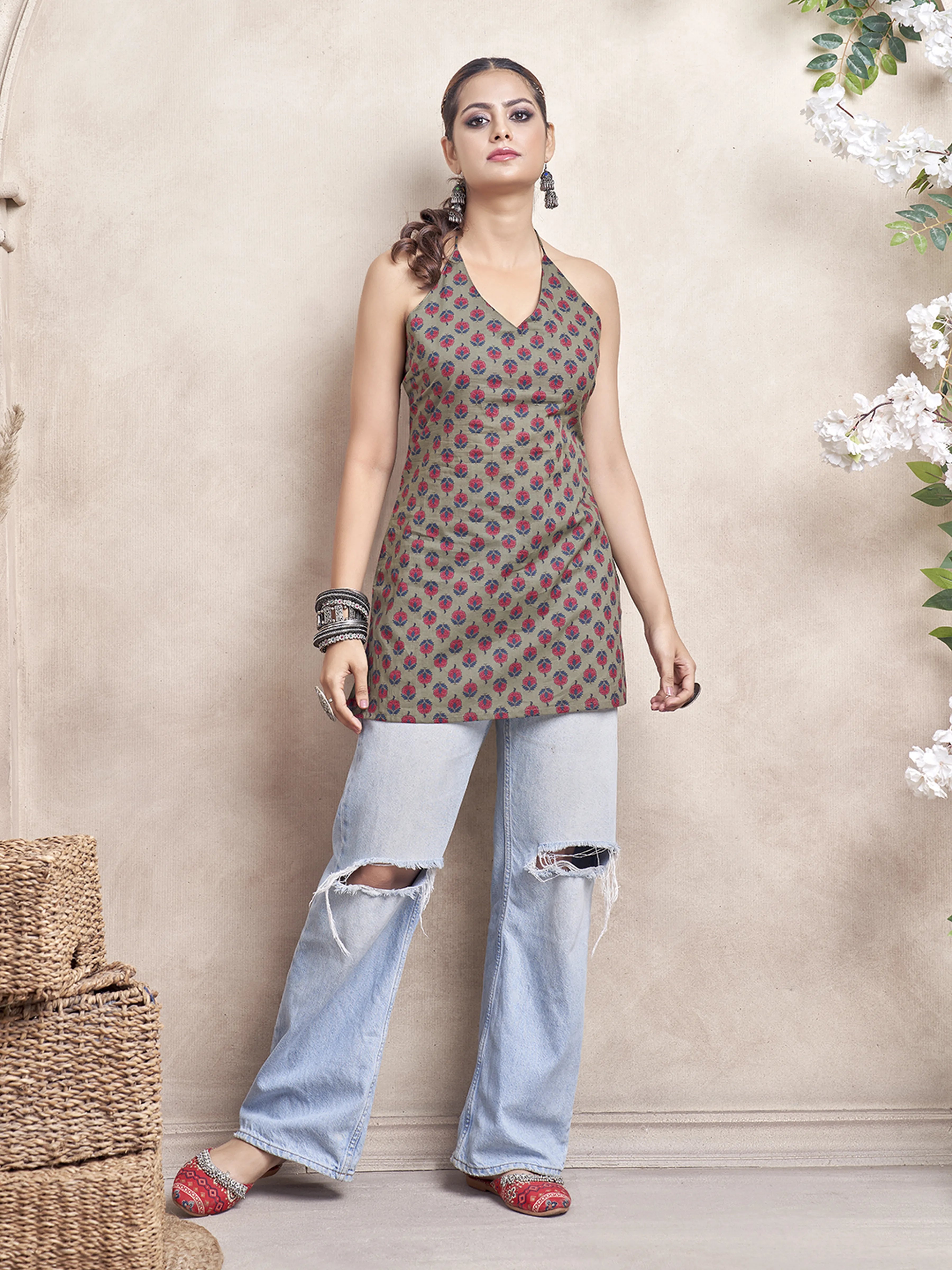 Olive Green Halter Neck Cotton Short Kurti with Floral Block Print