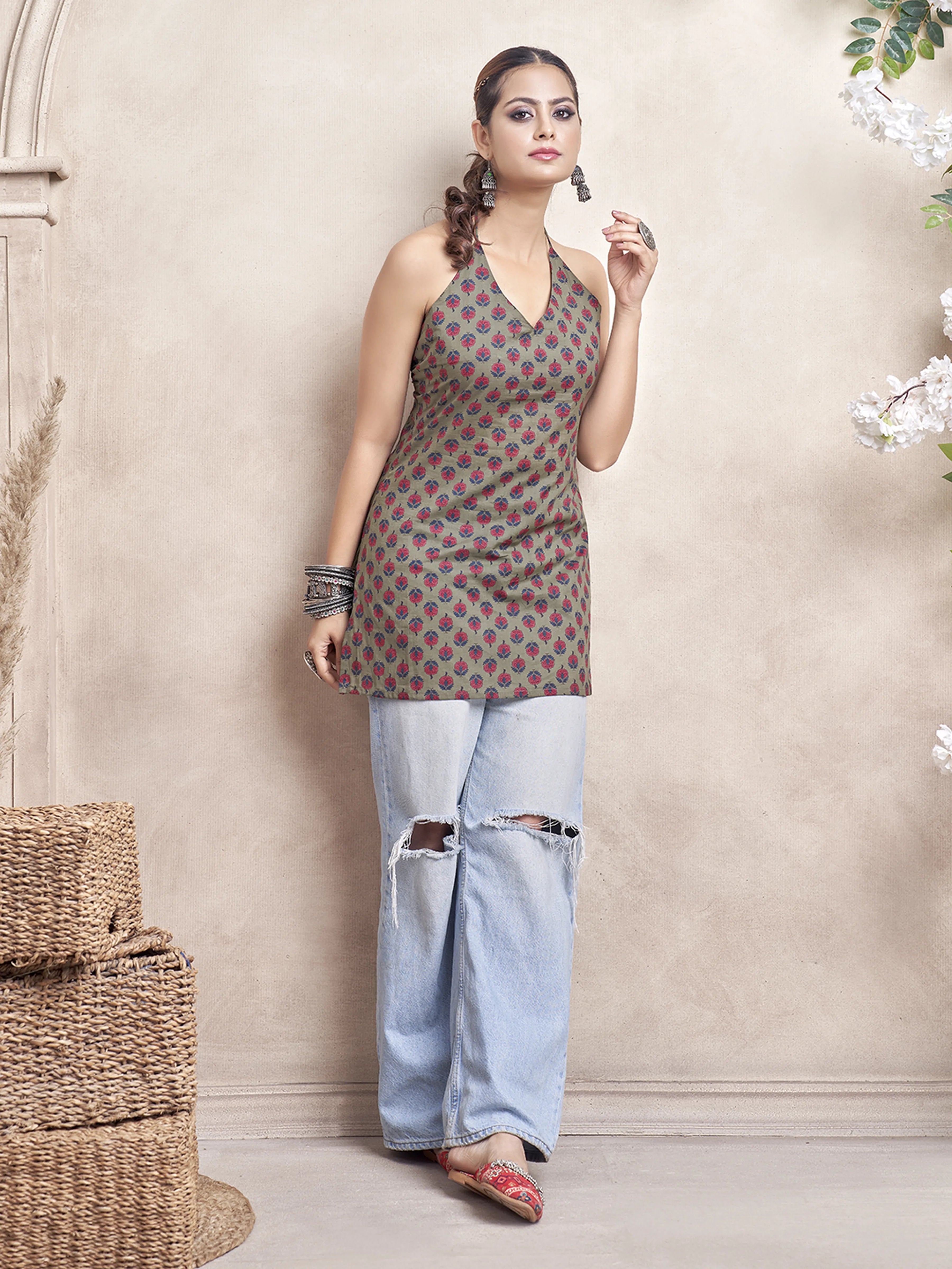 Olive Green Halter Neck Cotton Short Kurti with Floral Block Print