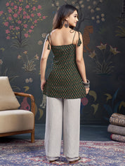 Dark Green Tie-Knot Shoulder Booti Print Cotton Short Kurti