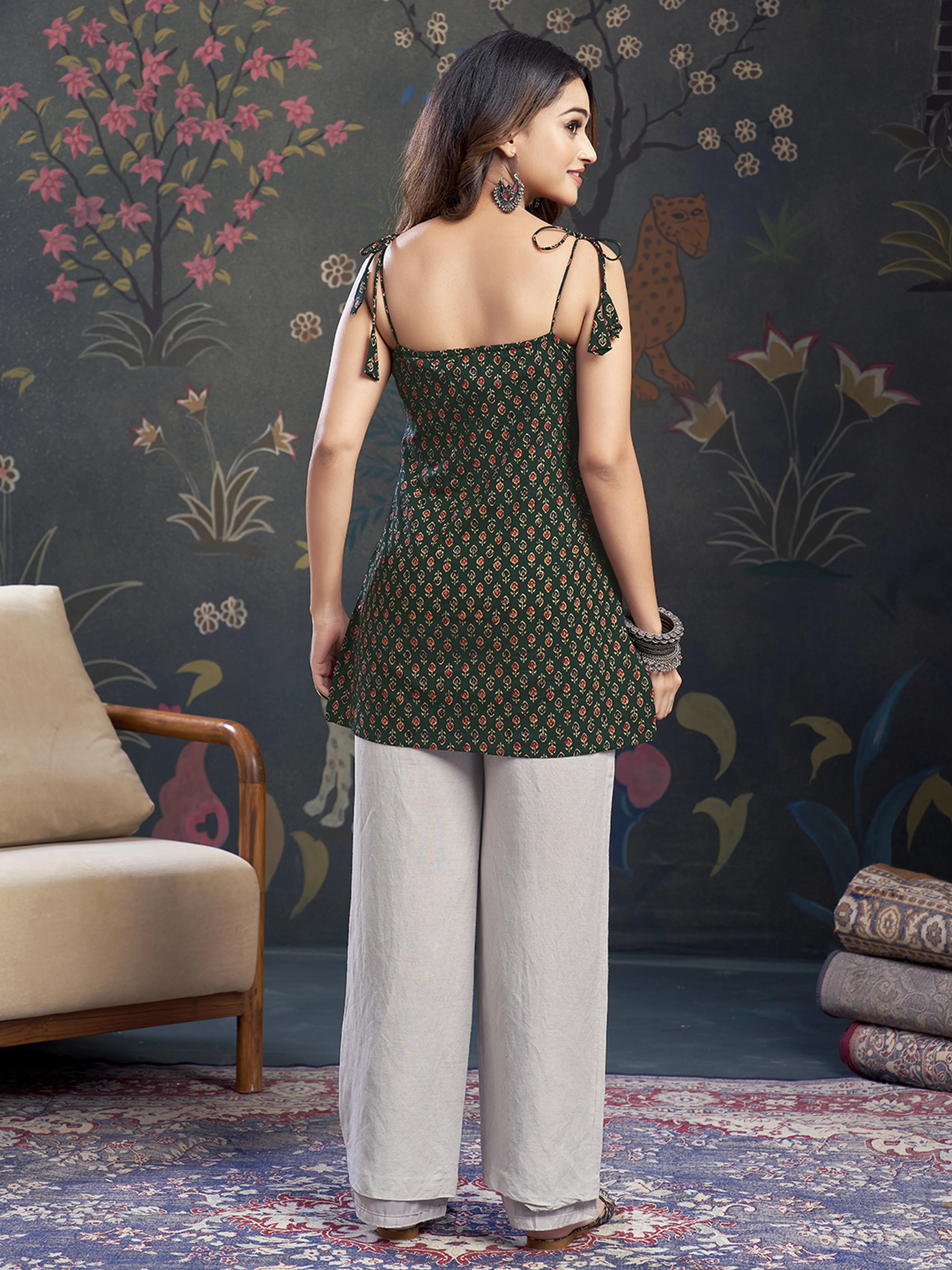 Dark Green Tie-Knot Shoulder Booti Print Cotton Short Kurti