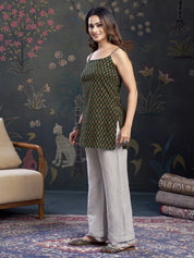 Dark Green Tie-Knot Shoulder Booti Print Cotton Short Kurti