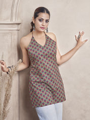 Olive Green Halter Neck Cotton Short Kurti with Floral Block Print