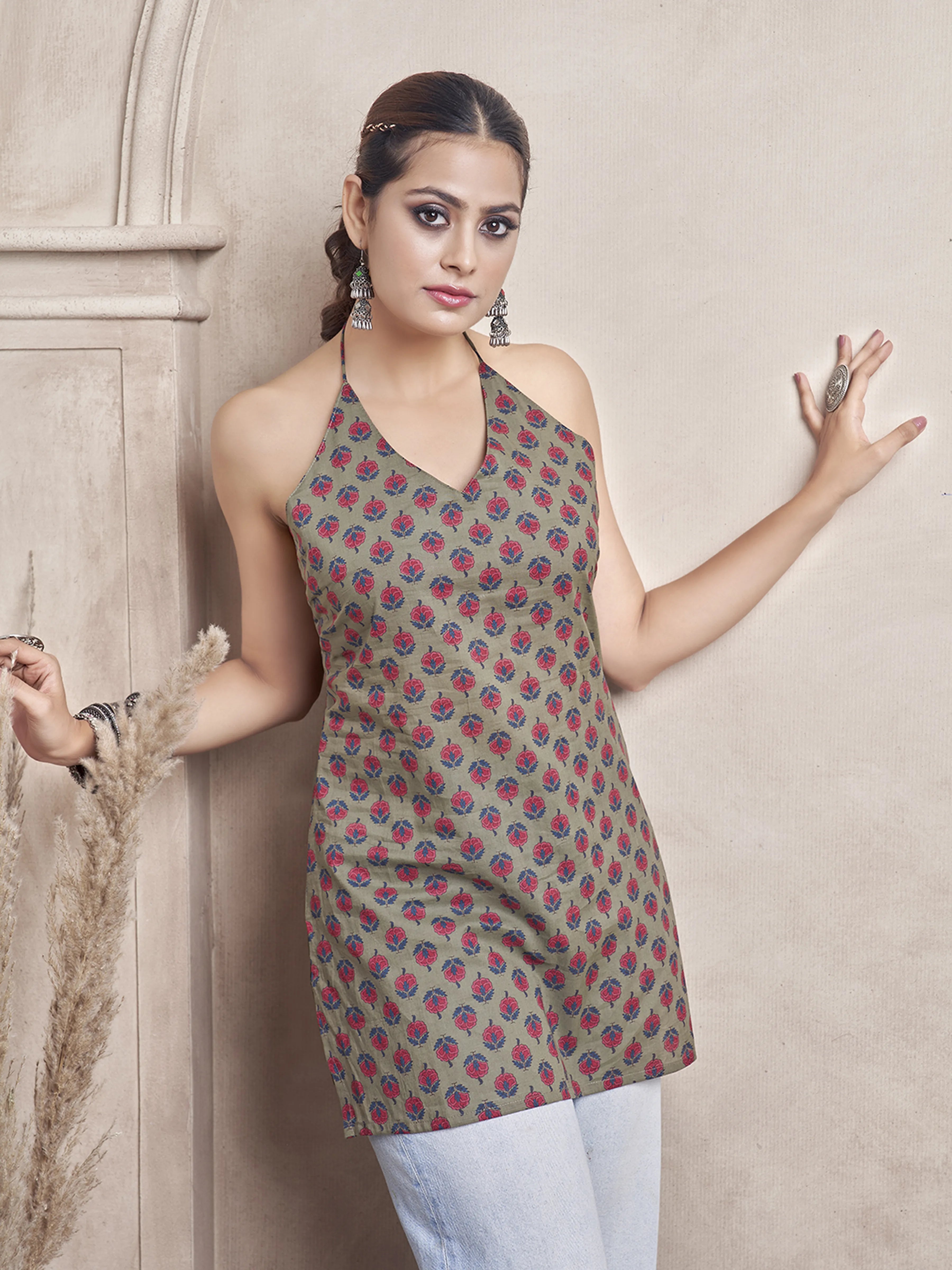 Olive Green Halter Neck Cotton Short Kurti with Floral Block Print