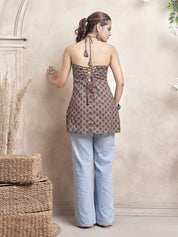 Olive Green Halter Neck Cotton Short Kurti with Floral Block Print