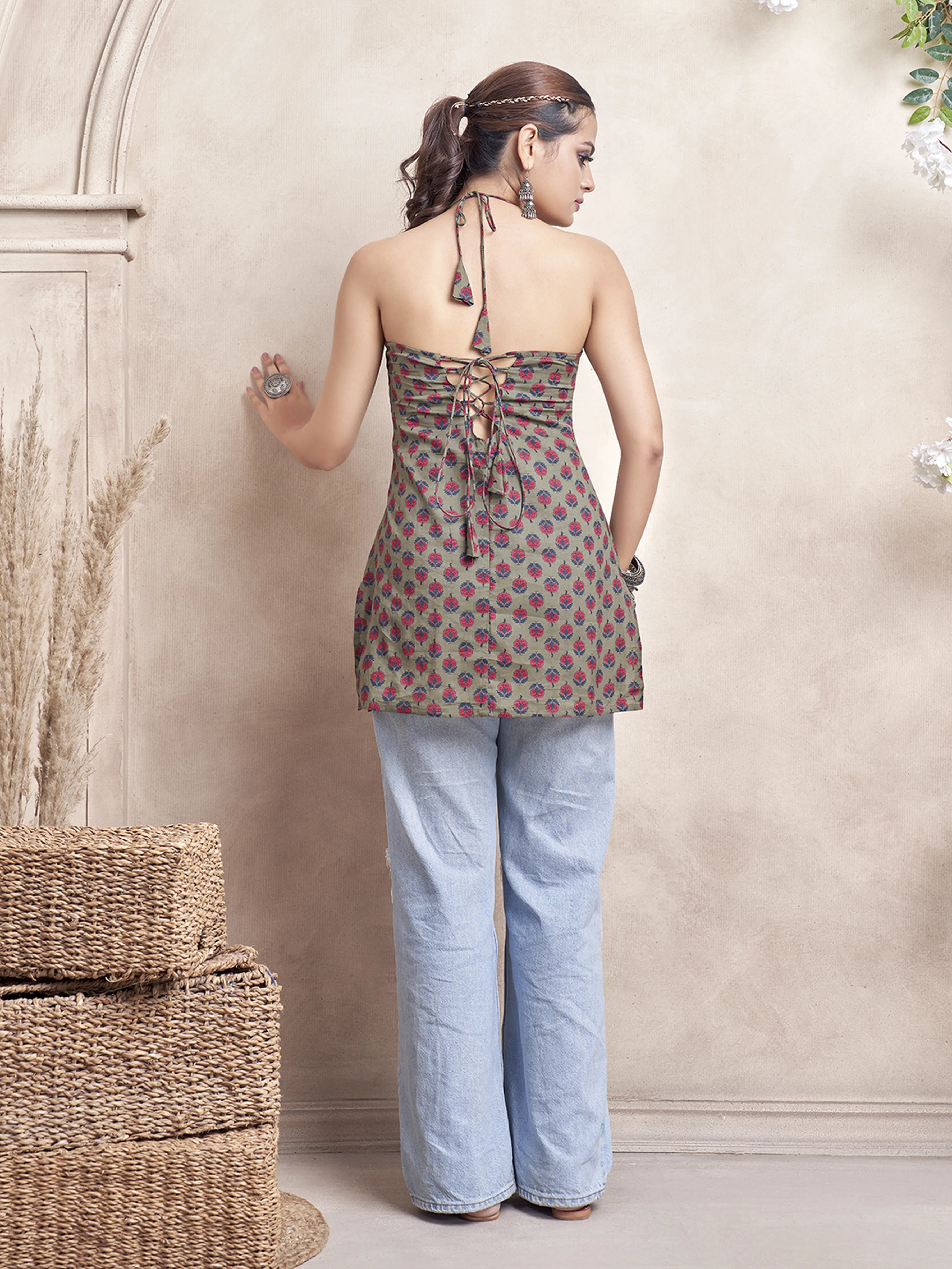 Olive Green Halter Neck Cotton Short Kurti with Floral Block Print