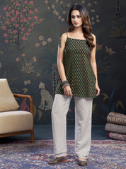 Dark Green Tie-Knot Shoulder Booti Print Cotton Short Kurti
