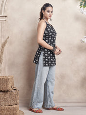 Black Halter Neck Cotton Short Kurti with Elephant Block Print