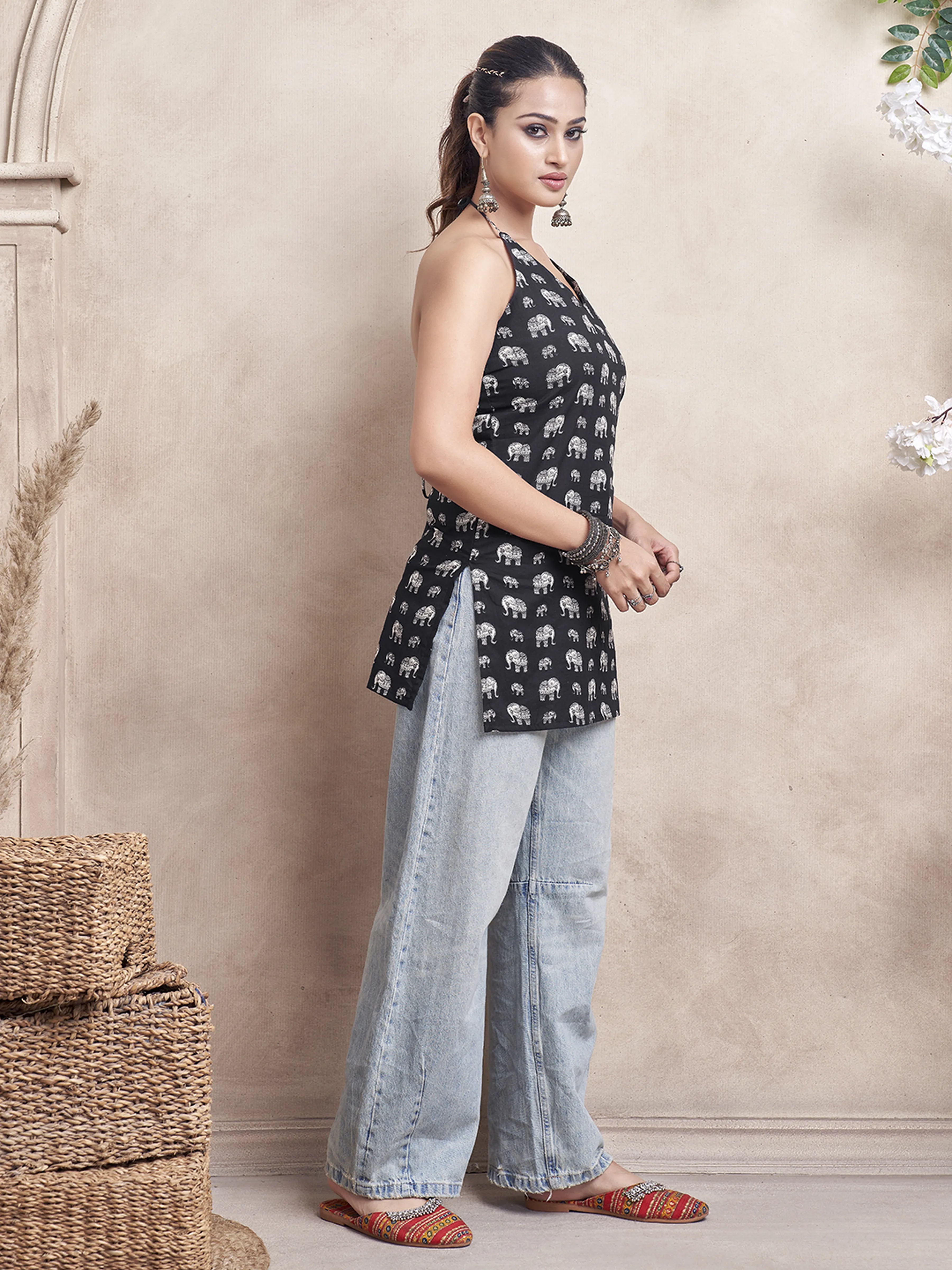 Black Halter Neck Cotton Short Kurti with Elephant Block Print