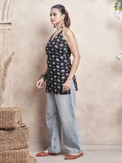 Black Halter Neck Cotton Short Kurti with Elephant Block Print