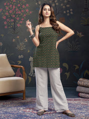 Dark Green Tie-Knot Shoulder Booti Print Cotton Short Kurti
