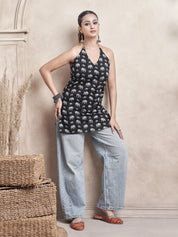 Black Halter Neck Cotton Short Kurti with Elephant Block Print