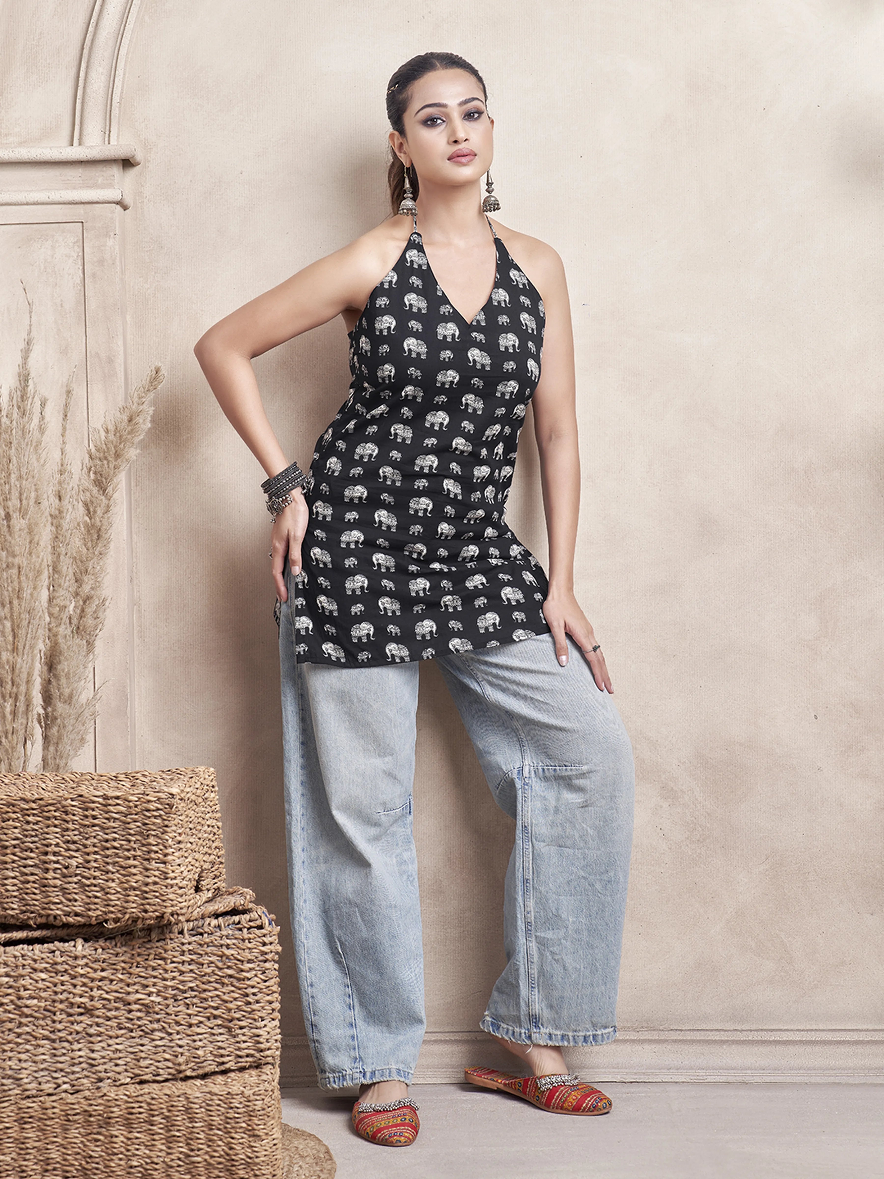 Black Halter Neck Cotton Short Kurti with Elephant Block Print
