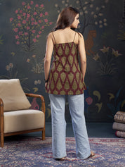Maroon Tie-Knot Shoulder Cotton Short Kurti with Leafy Block Print