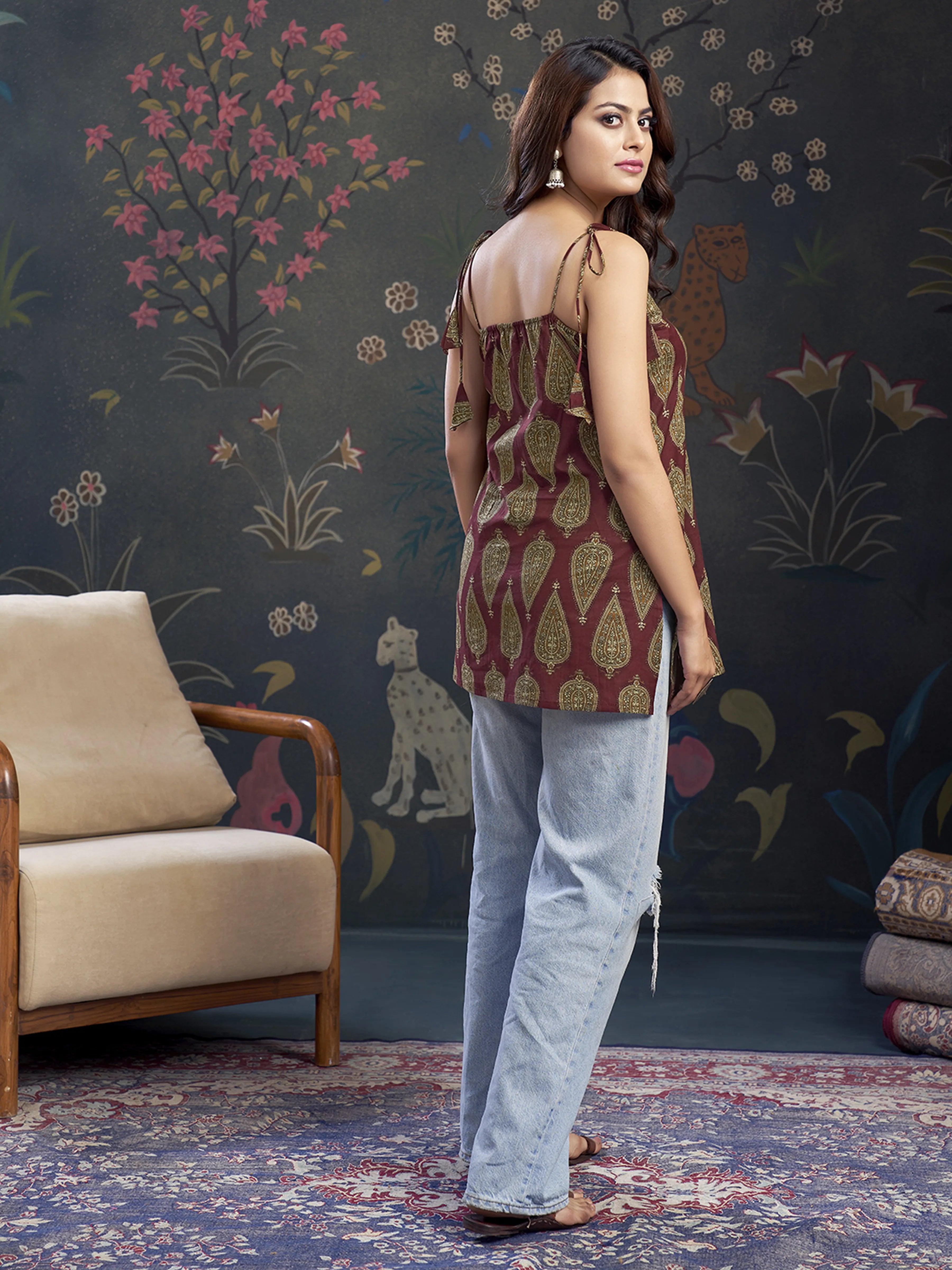 Maroon Tie-Knot Shoulder Cotton Short Kurti with Leafy Block Print