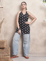 Black Halter Neck Cotton Short Kurti with Elephant Block Print