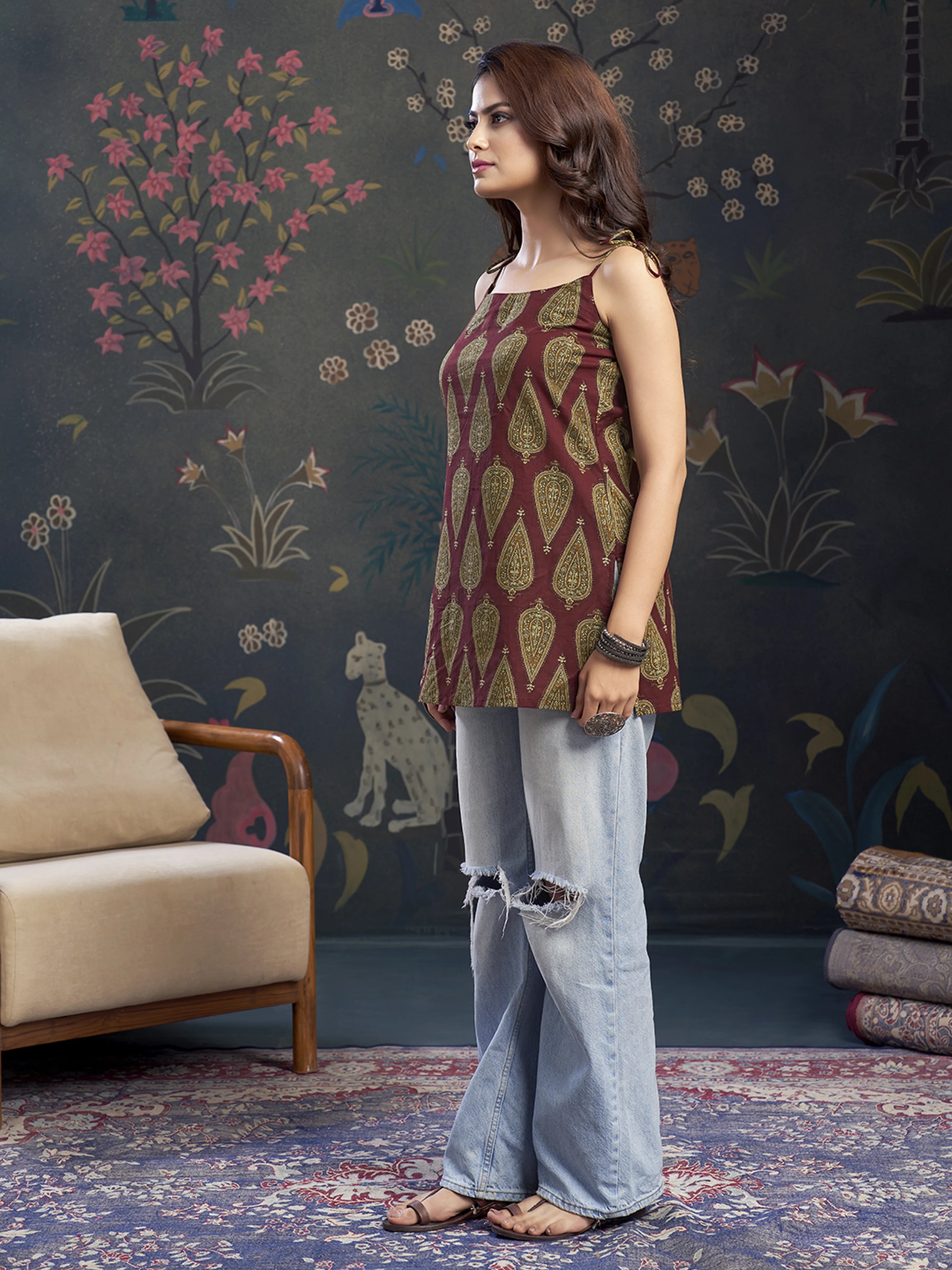 Maroon Tie-Knot Shoulder Cotton Short Kurti with Leafy Block Print