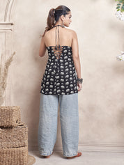 Black Halter Neck Cotton Short Kurti with Elephant Block Print