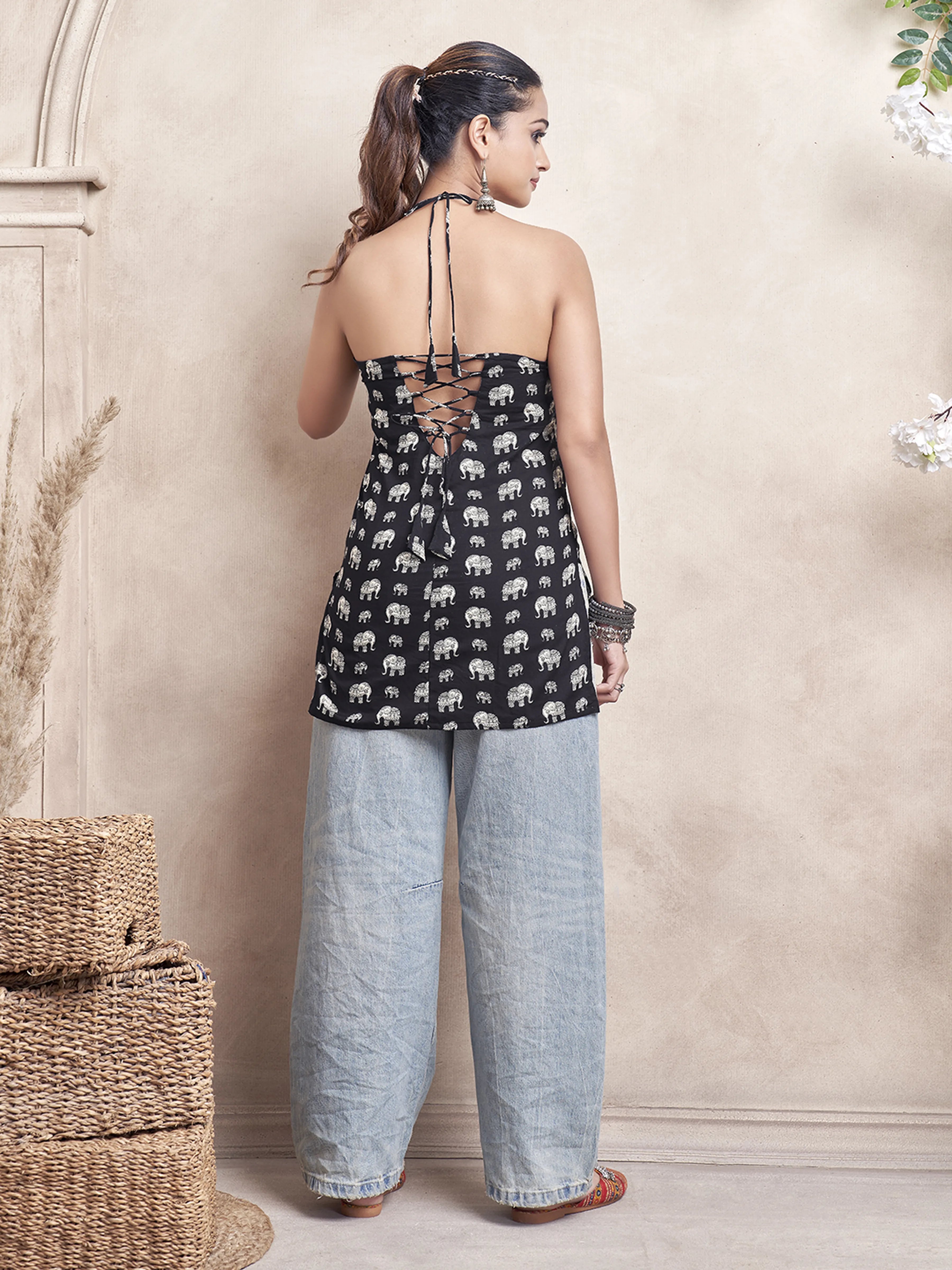 Black Halter Neck Cotton Short Kurti with Elephant Block Print