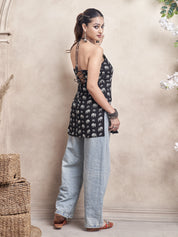 Black Halter Neck Cotton Short Kurti with Elephant Block Print