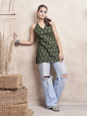 Dark Green Halter Neck Cotton Short Kurti with Block Print