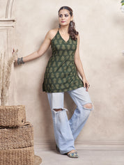 Dark Green Halter Neck Cotton Short Kurti with Block Print