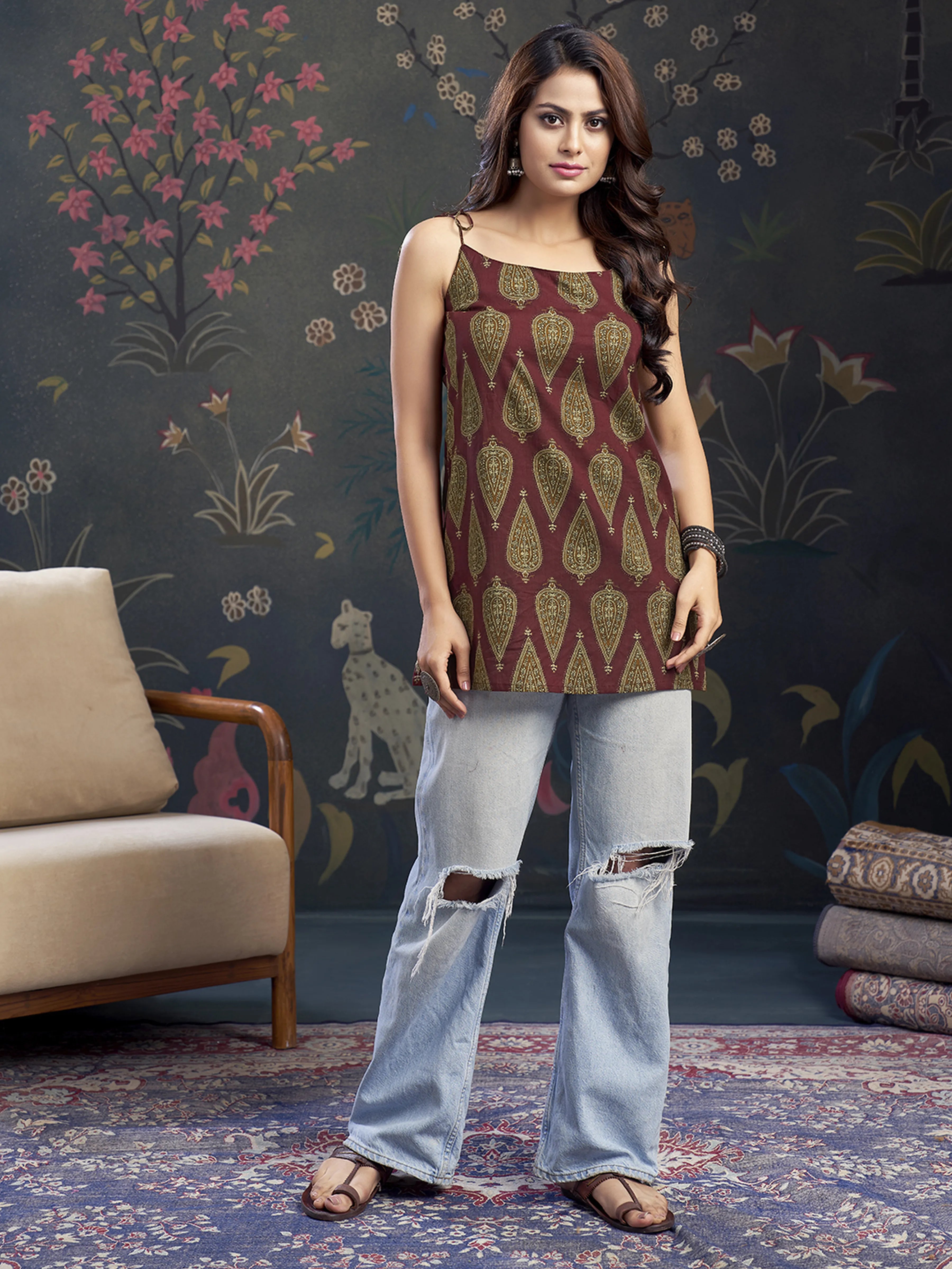 Maroon Tie-Knot Shoulder Cotton Short Kurti with Leafy Block Print