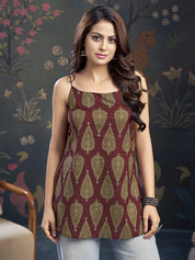 Maroon Tie-Knot Shoulder Cotton Short Kurti with Leafy Block Print